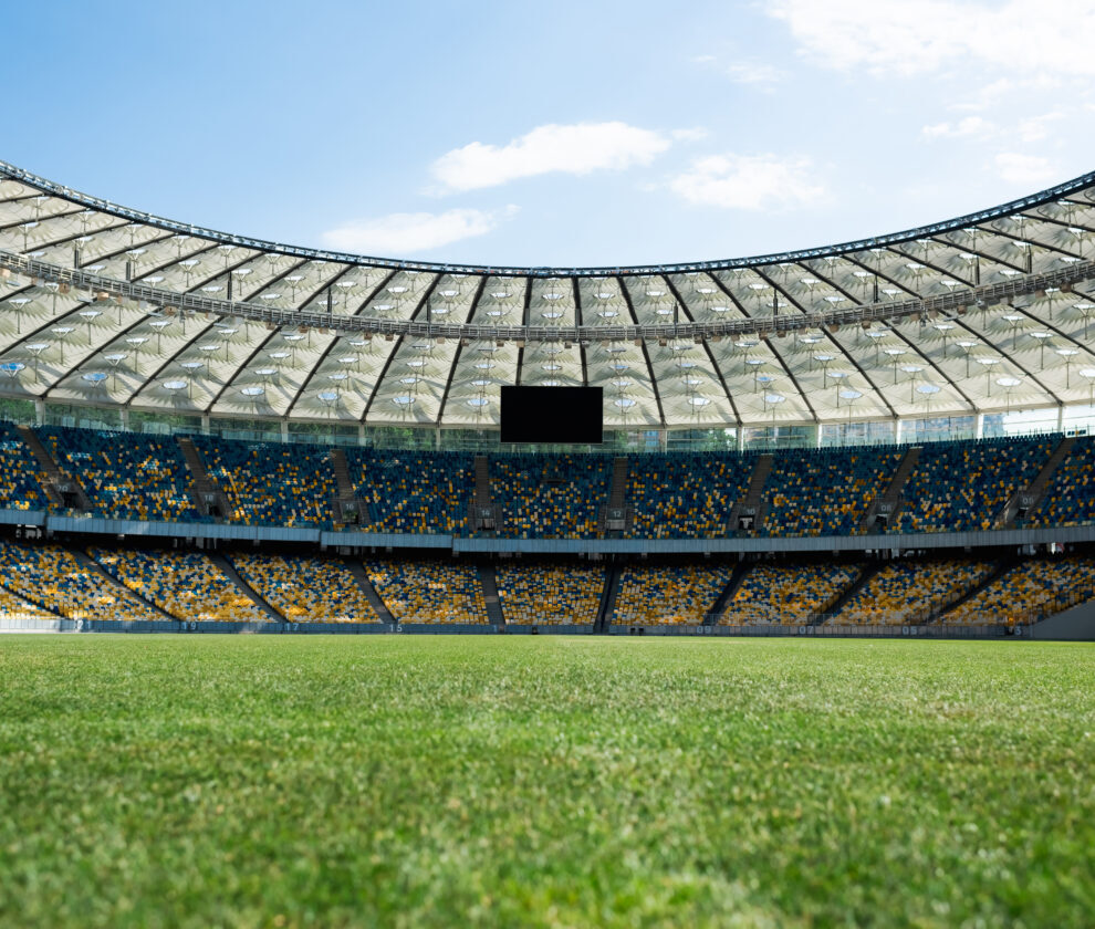 grassy football pitch at stadium at sunny day with blue sky
