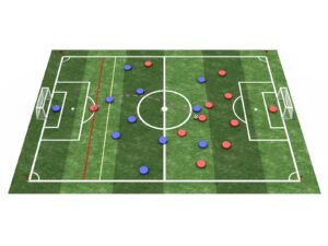 Schemat boiska pokazujący, kiedy zawodnik znajduje się bliżej linii bramkowej przeciwnika niż przedostatni zawodnik drużyny przeciwnej w momencie podania piłki.